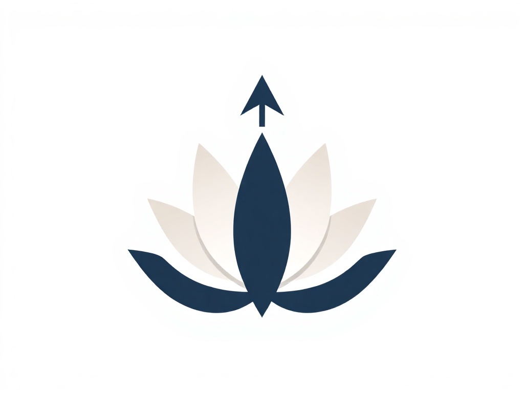 A minimalist logo mark combining a stylized lotus with an arrow pointing upward, geometric and clean, neutral colors, isolated on a white background. Photorealistic, 8k, commercial photography style.
